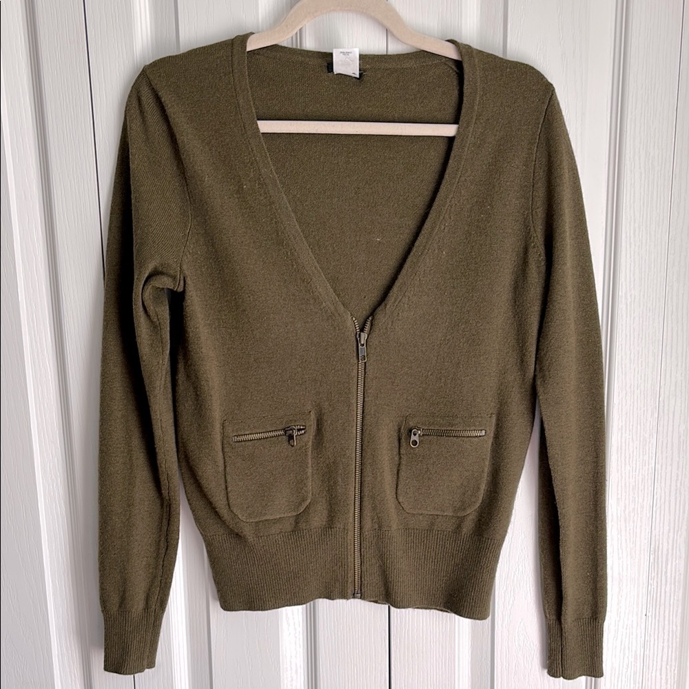 J. Crew Olive Green Wool Blend Cardigan With Zippers. Size Small